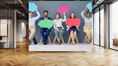 Social media, chat and portrait of business people with a speech bubble for contact, news and review. Happy, mockup and excited employees showing blank boards for communication information space Wall mural