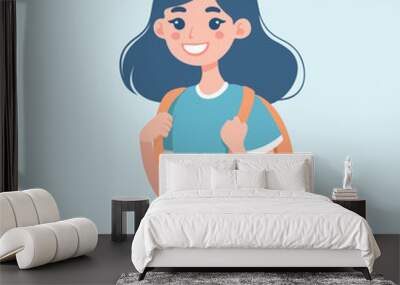 Happy smiling girl with backpack flat style vector illustration Wall mural