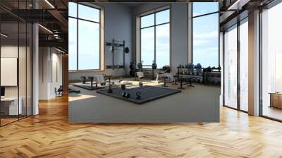 3d rendering Modern light gym. Sports equipment in gym. Barbells of different weight on rack. Wall mural