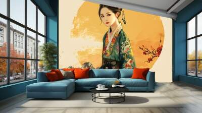 A beautiful illustration of a woman in a traditional Korean hanbok Wall mural