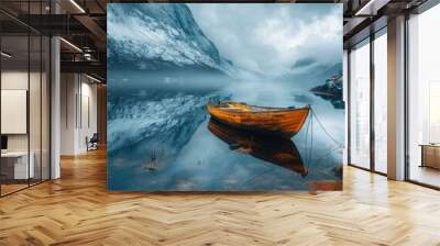 A boat sits in a fjord in Norway Wall mural