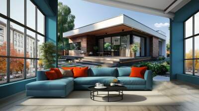 A modern house with a large terrace and a beautiful garden Wall mural