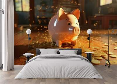 A pink piggy bank sits on a wooden floor surrounded by gold coins. Wall mural