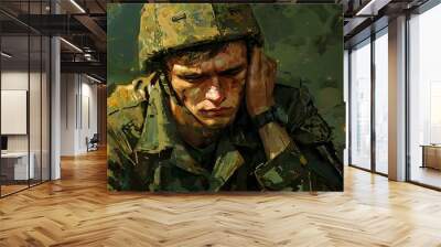 A soldier wearing a helmet looks sad and tired Wall mural