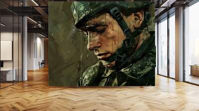 A soldier wearing a helmet with a camouflage pattern Wall mural