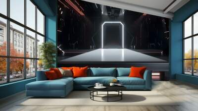 Abstract Futuristic Sci Fi Stage Design With Glowing Neon Lights And Geometric Shapes Wall mural