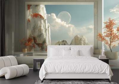 Abstract White Marble Interior with Mountain View Wall mural