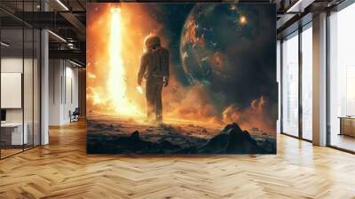 An astronaut in a spacesuit standing on the surface of a planet with a rocket in the background Wall mural