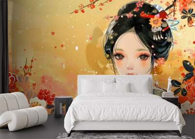 An illustration of a beautiful Japanese woman in a kimono with red and orange flowers in her hair and a traditional Japanese hairstyle. Wall mural