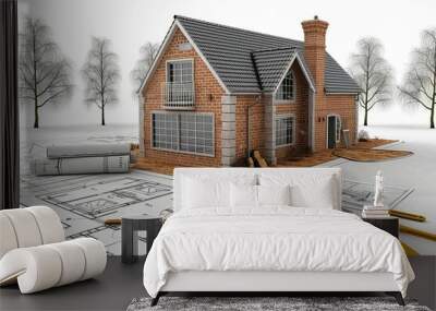 b'3d rendering of a house under construction with blueprints' Wall mural