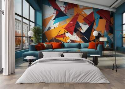 b'Blue and orange geometric mural wallpaper in living room' Wall mural