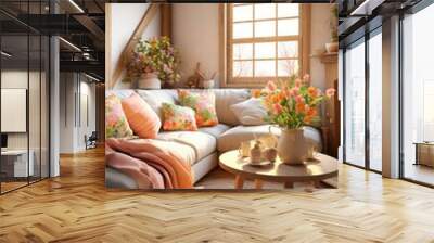 b'Cozy living room interior with sofa, flowers, and coffee table' Wall mural