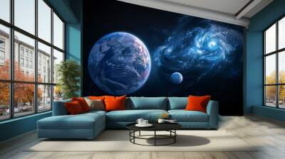 b'Earth and a blue moon in a blue nebula' Wall mural