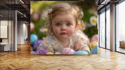 b'Portrait of a cute baby girl with blonde hair and blue eyes lying in a field of flowers and Easter eggs' Wall mural