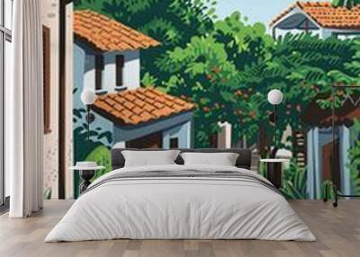 Charming Mediterranean Street With Red Roof Houses and Lush Green Foliage Wall mural