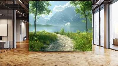 fantasy mountain lake landscape with trees and flowers Wall mural