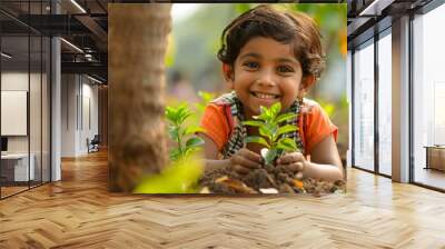 Indian girl planting a tree Wall mural