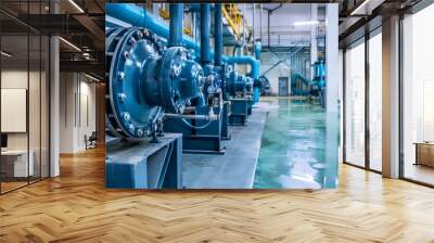 large industrial water pump station room with blue pipes and machinery Wall mural