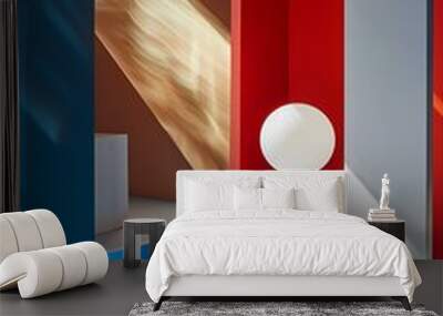 Minimalist Interior Design with Blue and Orange Steps and a White Globe Lamp Wall mural