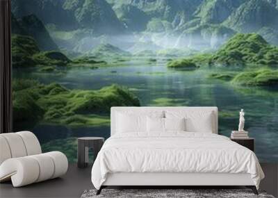 Misty mountains and lake with green mossy rocks in the water Wall mural