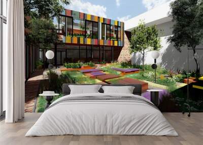 Modern Colorful Courtyard Design with Brick Walls and Plants Wall mural