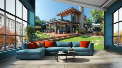 Modern house exterior with large glass windows and a spacious terrace Wall mural