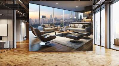 Modern living room interior with city view at sunset Wall mural