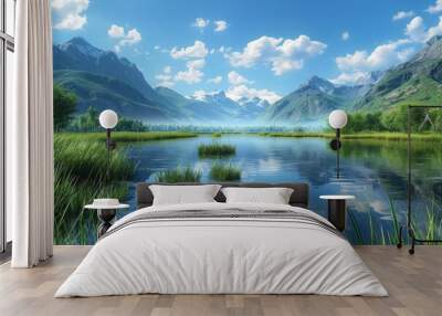 Mountains, lake and green field landscape Wall mural