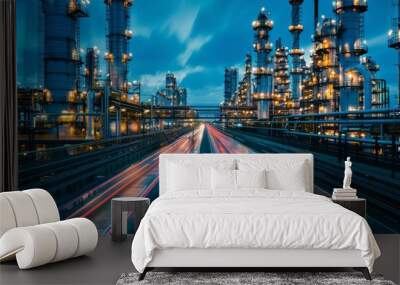 Oil refinery at night with light trails on the road Wall mural