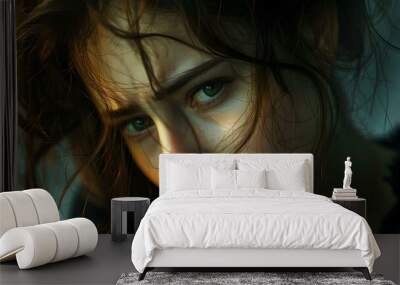 portrait of a beautiful girl with green eyes and brown hair Wall mural