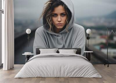 Portrait of a young woman in a gray hoodie Wall mural