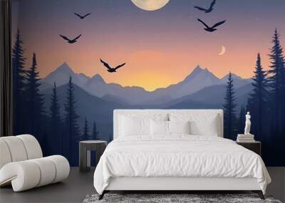 Silhouette of Mountains at Night with Moon and Stars Wall mural