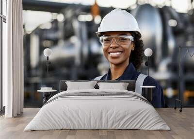 Smiling black female engineer wearing hard hat and safety glasses at industrial site Wall mural