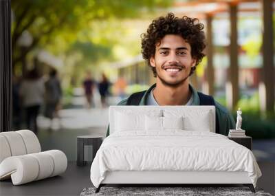 Smiling young male college student with curly hair and a backpack Wall mural