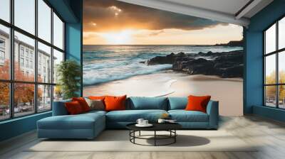 Sunset Over The Ocean With Rocky Coastline And Sandy Beach Wall mural