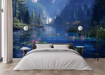 Tranquil Mountain Lake with Pink Water Lilies Wall mural