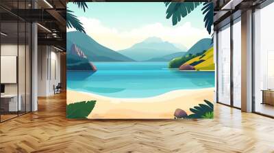 Tropical Island Beach Landscape With Palm Trees and Mountains Wall mural