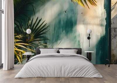 Tropical Palm Leaves Against Weathered Green Wall Wall mural