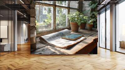 Vintage interior with a tablet and a newspaper on a wooden table by the window Wall mural