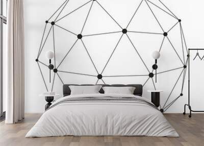 Abstract Transparent Wireframe Triangulated Sphere. Low Poly Spherical Object with Black Connected Lines and Dots. Cybernetic Shape with Grid and Transparent Lines Wall mural