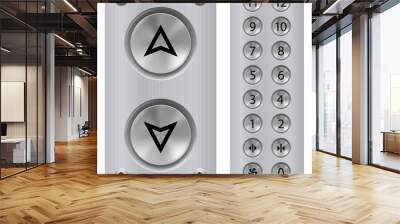 Elevator Buttons Panel and Call Buttons for Building Up and Down Each Floor with Arrow Symbol Displayed on Polished Stainless Steel. Isolated Illustration on White Background Wall mural