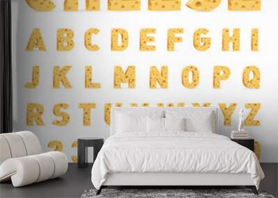 Font from Cheese. Cheese in the Form of Letters, Numbers, and Symbols. Illustration of Stylized Cute Alphabet Cartoon Cheese Letters to Make Your Text on White Background Wall mural