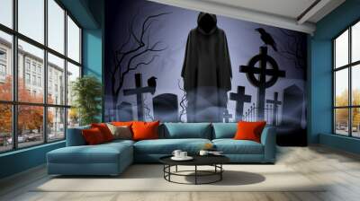 Illustration of Angel of Death on the Cemetery. Apocalypse and Hell Concept Design Coronavirus Epidemic COVID-19. Deadly SARS-CoV-2 Spread in Europe and World Wall mural