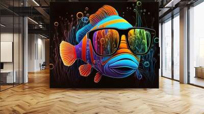 Colorful abstract line art happy animal with sunglasses fish Wall mural