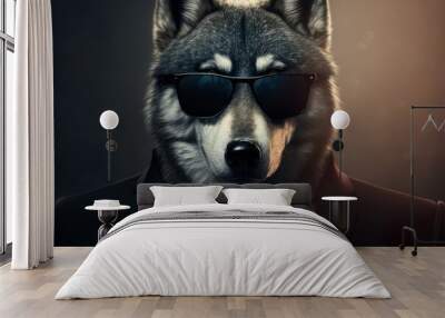 cool style animals in tuxedos and glasses portrait background, wolf Wall mural