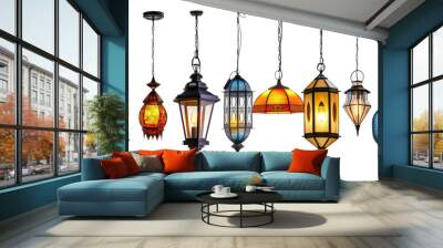 Hanging lamps collection, isolated white / transparent background, generative AI Wall mural