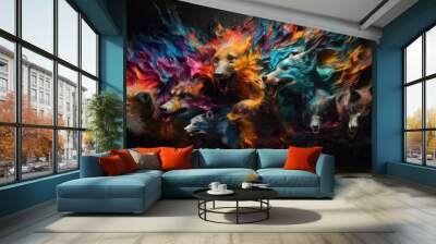 Many animals and explosions in the background. Generative AI. Beautiful color fox Wall mural