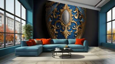 Medieval armor helmet and shield, bright shining with gold and silver Wall mural