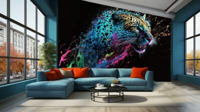 Painted animal with paint splash painting technique on colorful background jaguar Wall mural