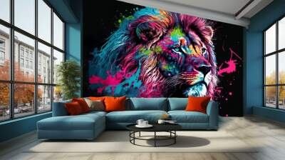 Painted animal with paint splash painting technique on colorful background lion Wall mural